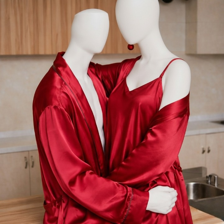 Premium Satin Silk Couple Gown Set (3 Pcs) – Elegant Matching Nightwear for Men & Women | Free Size