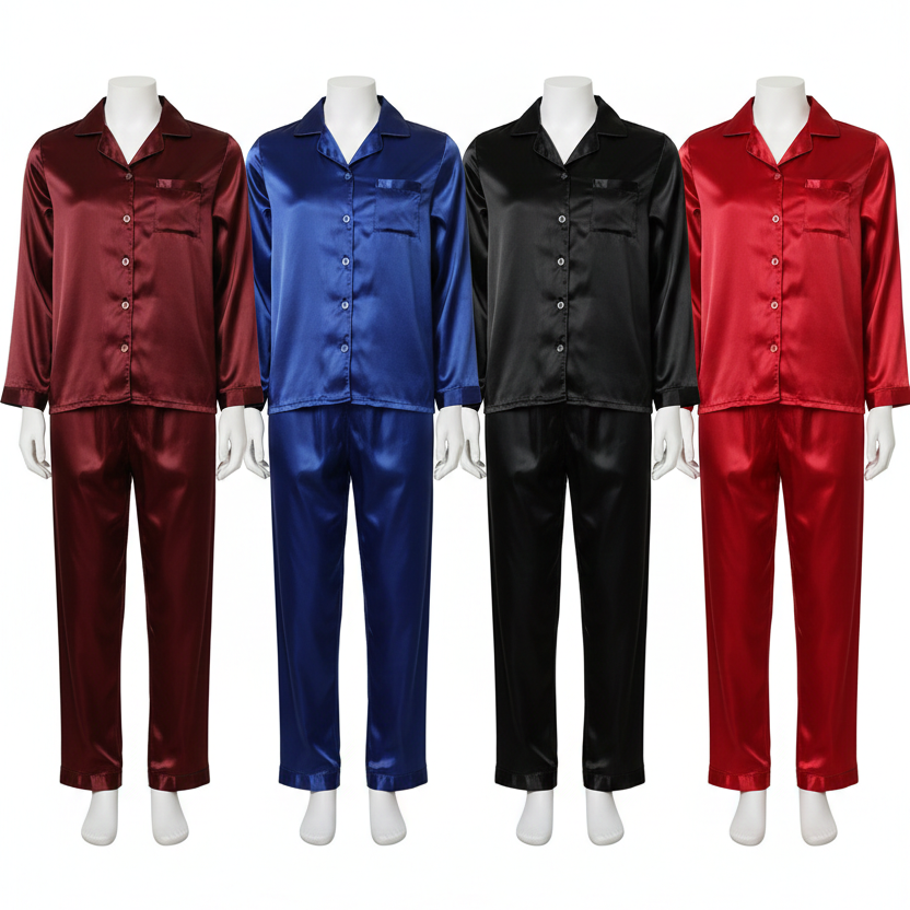 Couple Night Suit Silk Satin Pajama Set – Long Sleeve Top & Pants |  (4 Pcs)