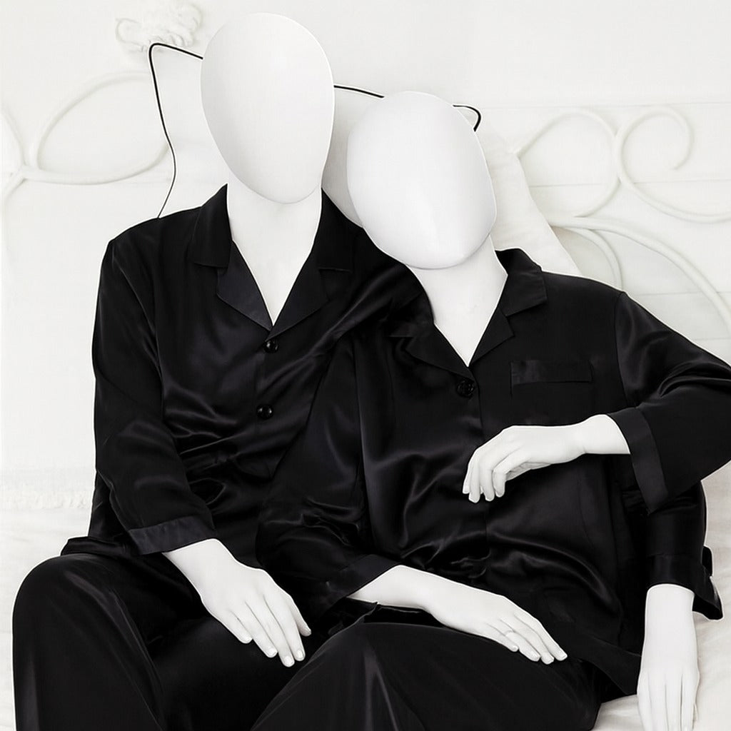 Couple Night Suit Silk Satin Pajama Set – Long Sleeve Top & Pants |  (4 Pcs)