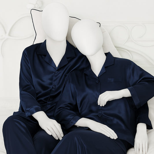 Couple Night Suit Silk Satin Pajama Set – Long Sleeve Top & Pants |  (4 Pcs)
