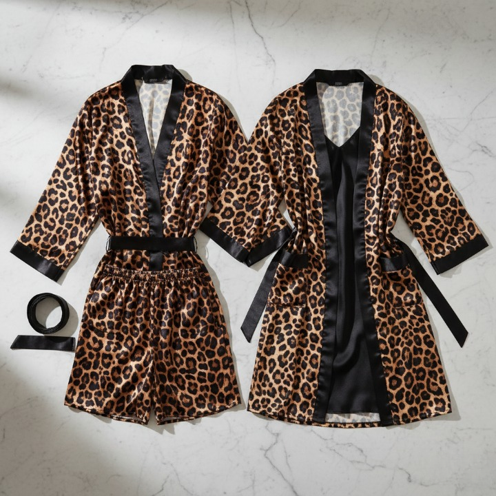 Couple Leopard Print & Black Satin Sleepwear Set – 4 Pcs Robe & Nightdress Set