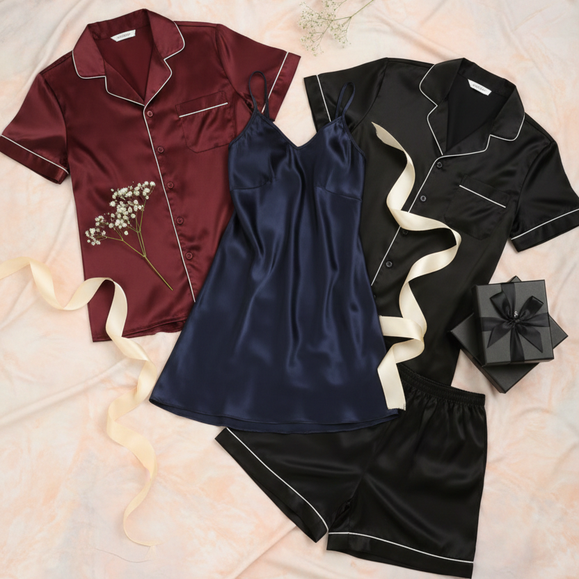 Couple Silk Night Suit / Sleepwear Set – Shirt & Shorts with Slip Dress |