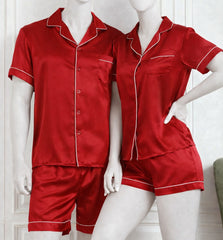 Couple Night Dress Silk Pajama Set – Short Sleeve Shirt & Shorts (4 Pcs)