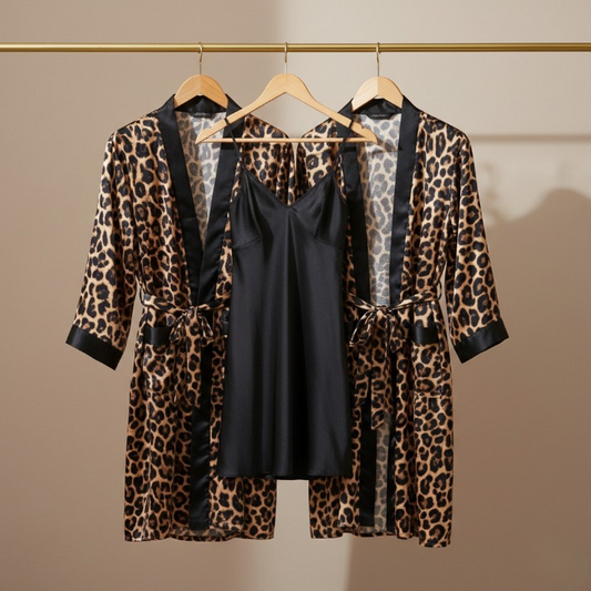 Couple Leopard Print & Black Satin Sleepwear Set – 4 Pcs Robe & Nightdress Set