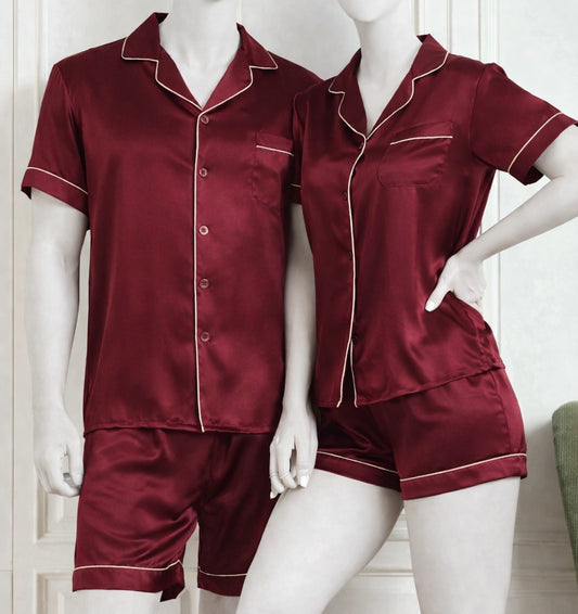 Couple Night Dress Silk Pajama Set – Short Sleeve Shirt & Shorts (4 Pcs)