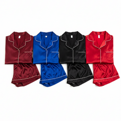 Couple Night Dress Silk Pajama Set – Short Sleeve Shirt & Shorts (4 Pcs)