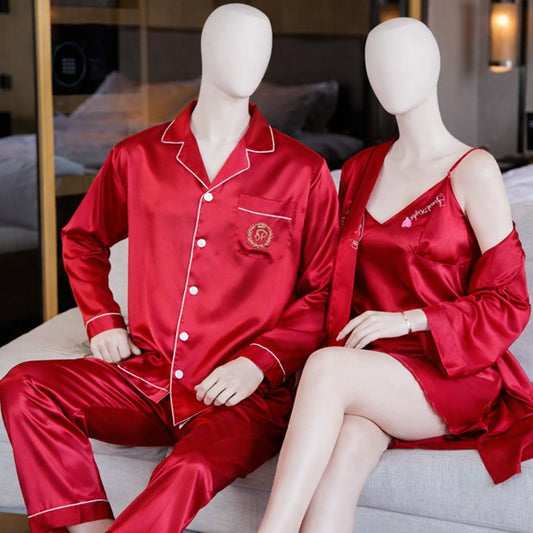 Couple Night Dress Silk Sleepwear Set – 4-Piece Pajama & Robe Set |