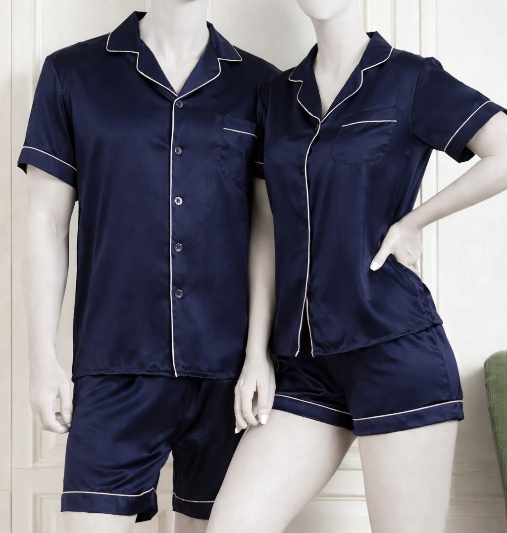 Couple Night Dress Silk Pajama Set – Short Sleeve Shirt & Shorts (4 Pcs)