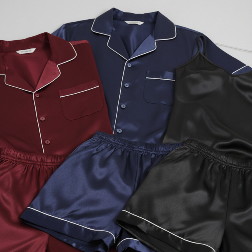 Couple Silk Night Suit / Sleepwear Set – Shirt & Shorts with Slip Dress |