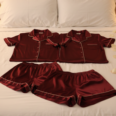 Couple Night Dress Silk Pajama Set – Short Sleeve Shirt & Shorts (4 Pcs)