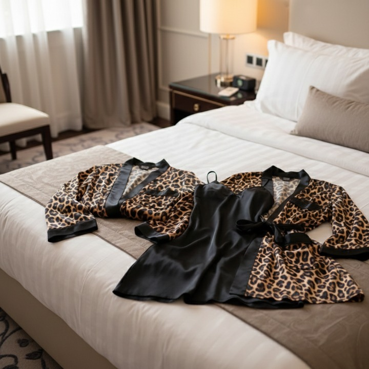 Couple Leopard Print & Black Satin Sleepwear Set – 4 Pcs Robe & Nightdress Set