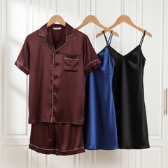 Couple Silk Night Suit / Sleepwear Set – Shirt & Shorts with Slip Dress |