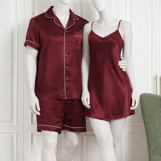 Couple Silk Night Suit / Sleepwear Set – Shirt & Shorts with Slip Dress |